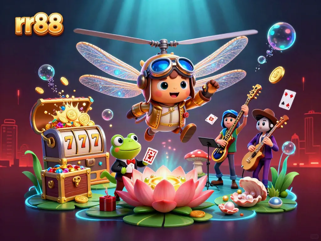 Experience thrilling gameplay at rr88 with a vibrant fantasy casino scene featuring a dragonfly pilot and frog dealer.