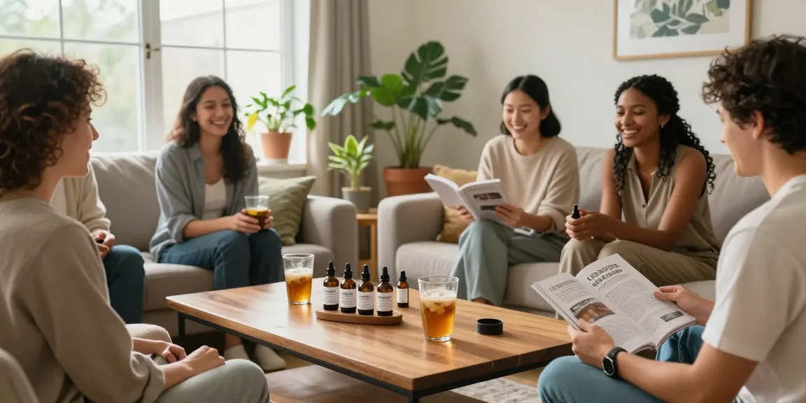 Gathering in a cozy living room demonstrating the benefits of cbd oil in canada with friends enjoying CBD oil products.
