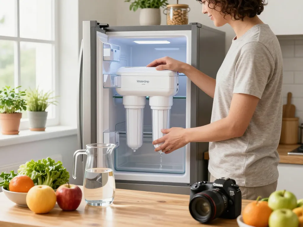 Homeowner installing the Waterdrop DA29-00020B Replacement for Samsung® Water Filter in a bright kitchen, emphasizing health and family wellness.