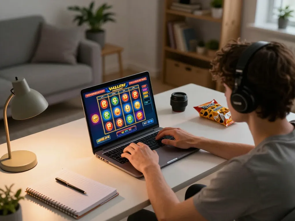 Engaging in online slots at https://7hh.games/, showcasing a cozy home gaming setup with vibrant interface.
