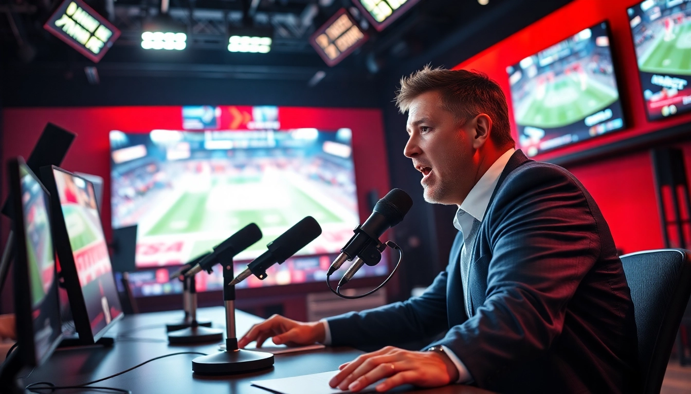 High-energy sports broadcasting studio showcasing live game footage and an engaged announcer.