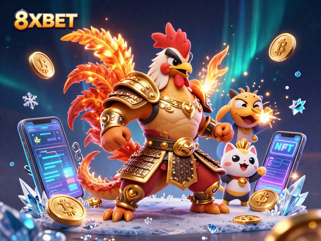 Engage with thrilling games at 8XBET, featuring a dynamic scene of warriors and crypto elements.