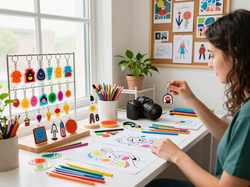 Customized keychain samples displayed in a creative workspace with an artist designing new ideas.