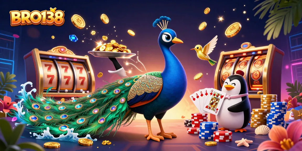 BRO138 invites players to spin vibrant slot reels while surrounded by brilliant gem-covered peacock and butler penguin.