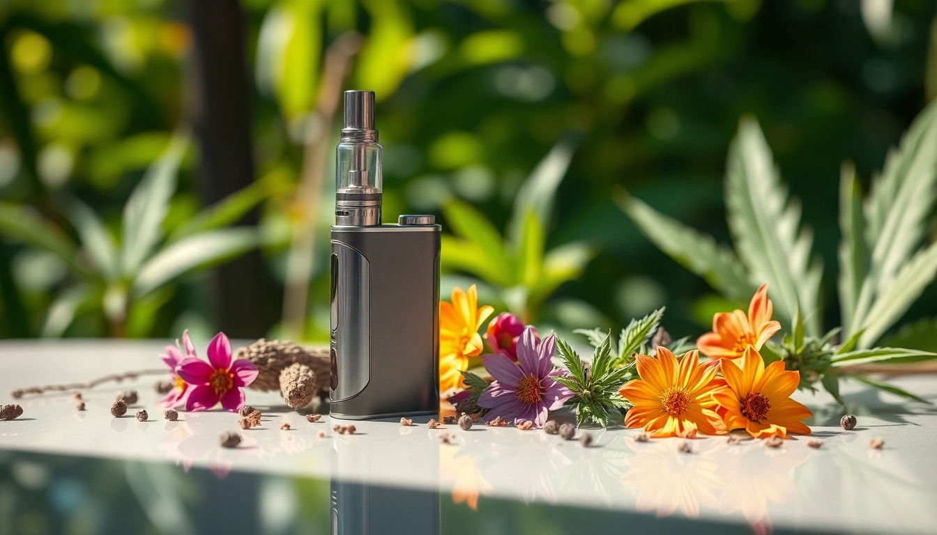 Showcase of thc weed vape device surrounded by vibrant CBD flowers, emphasizing elegance and relaxation.
