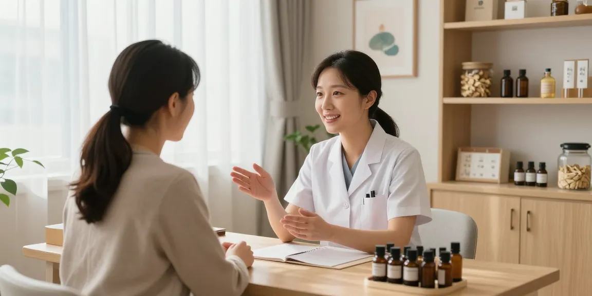 Patient consultation at 수원한의원 with traditional medicine elements in a serene environment.