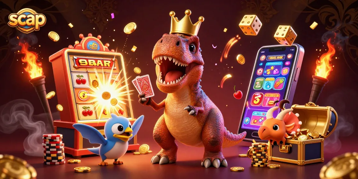 Engage in thrilling gameplay at scap with a T-Rex shuffling cards and a jackpot explosion.