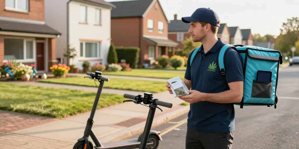 Convenient cannabis delivery in Milton Keynes showcasing a delivery driver near a stylish electric scooter.