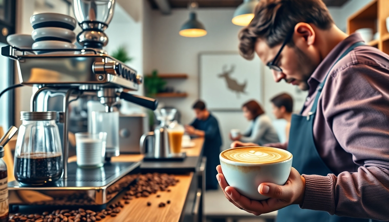 Café vibrant dans un coffee shop espagne avec un barista préparant un café artisanal.