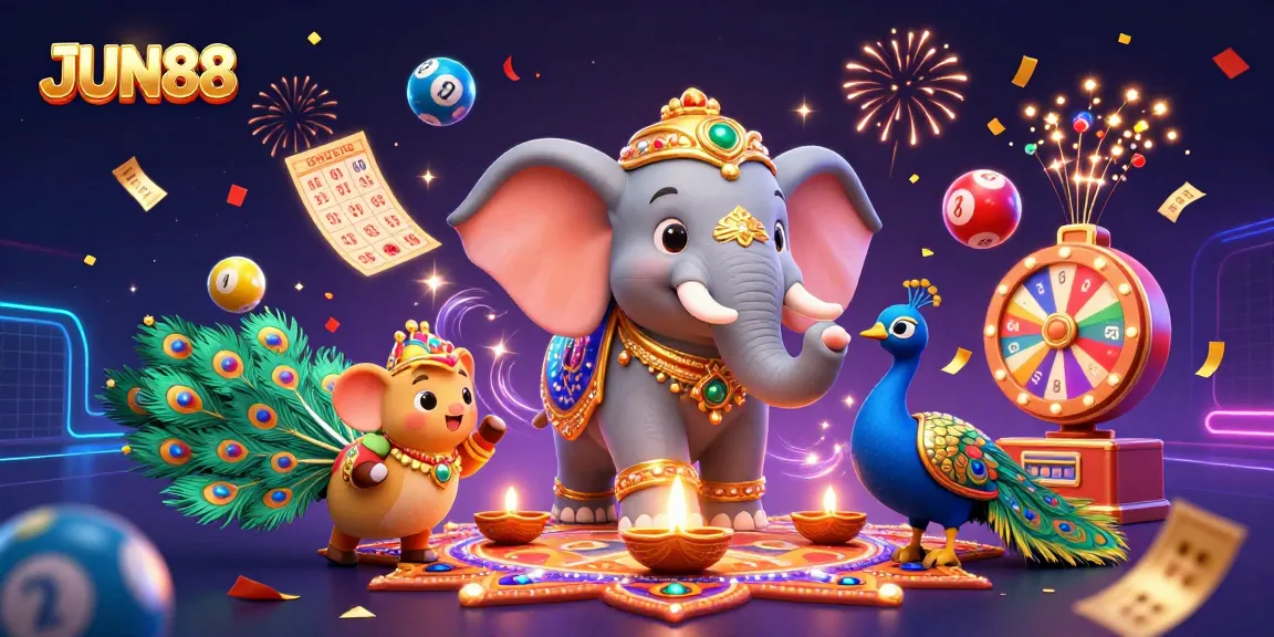 Join the fun at JUN88 with dynamic lottery elements and festive 3D characters in this vibrant illustration.