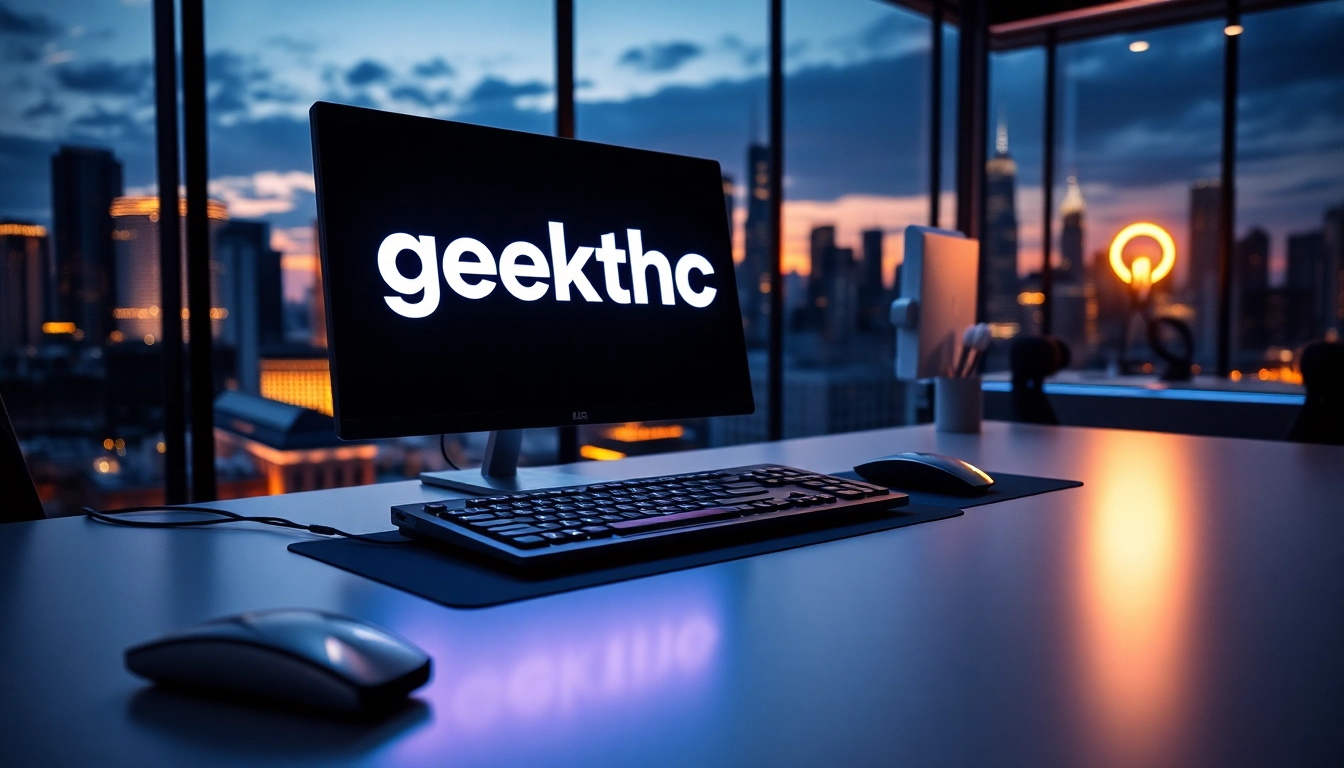 View the innovative geekthc workspace with high-tech gadgets and a vibrant skyline.