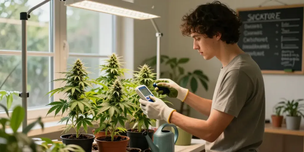 Tending lush autoflower cannabis plants in a bright indoor garden.