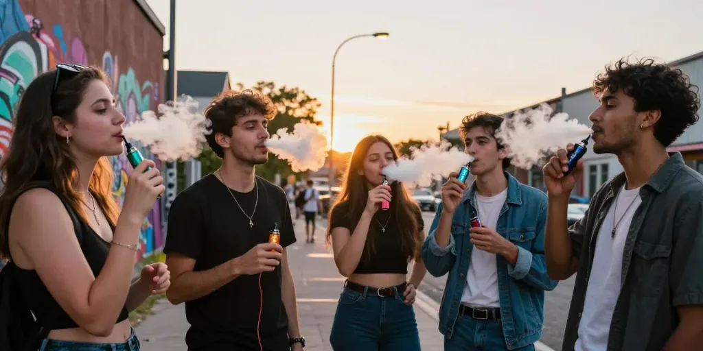 Group of friends enjoying Hitz infinity Gen 7 vape flavors in a vibrant urban setting.