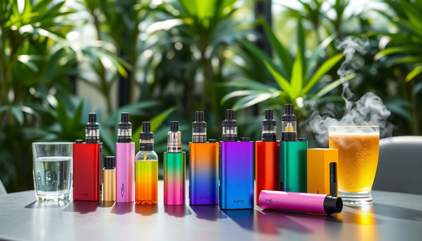 Buy thc vape in a vibrant display of THC vape products amidst greenery.