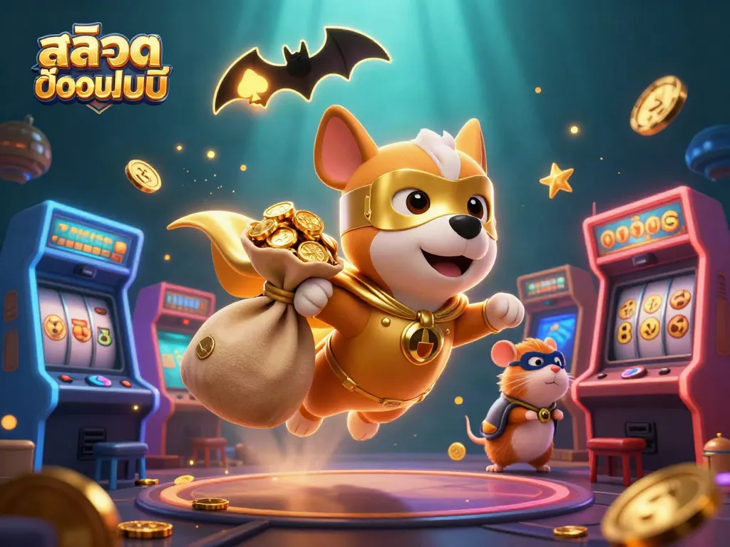 Spin and win with สล็อตออนไลน์ in an action-packed 3D cartoon scene featuring a superhero dog and colorful casino elements.