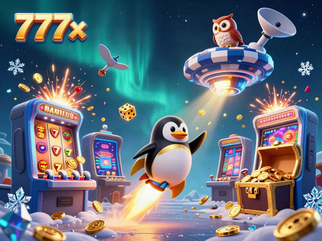Experience 777x with a thrilling penguin launching toward a casino paradise filled with vibrant game elements and jackpots.