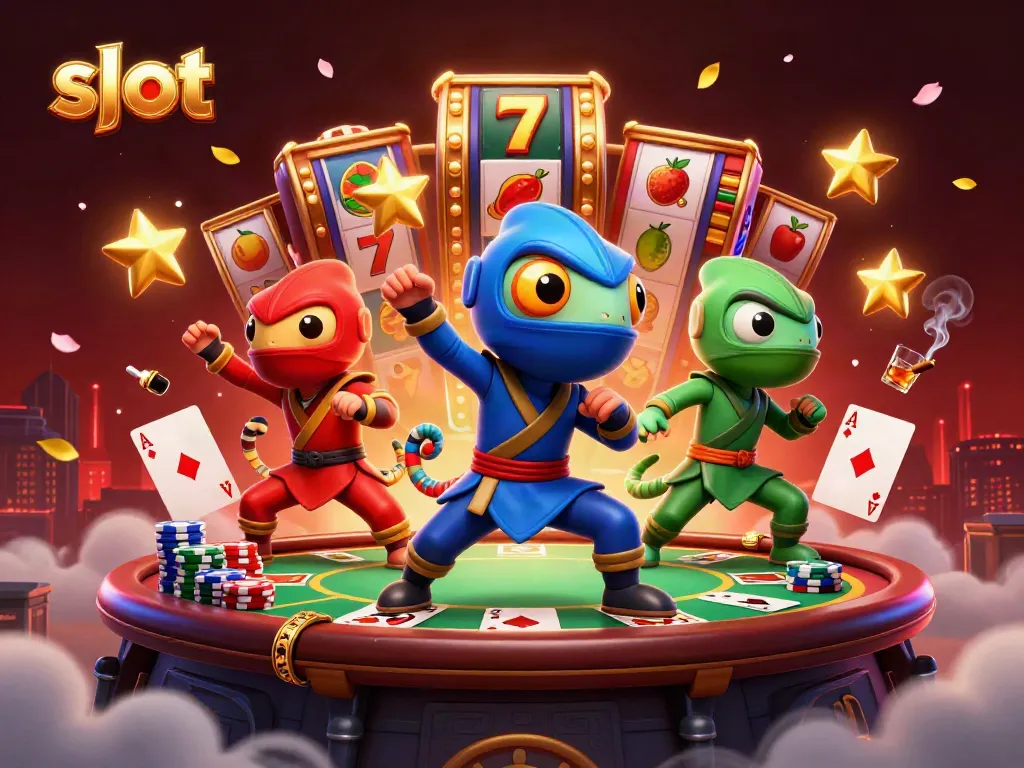 Tim ninja chameleon beraksi di kasino dengan simbol slot terbang, menampilkan momen kasino yang penuh warna.