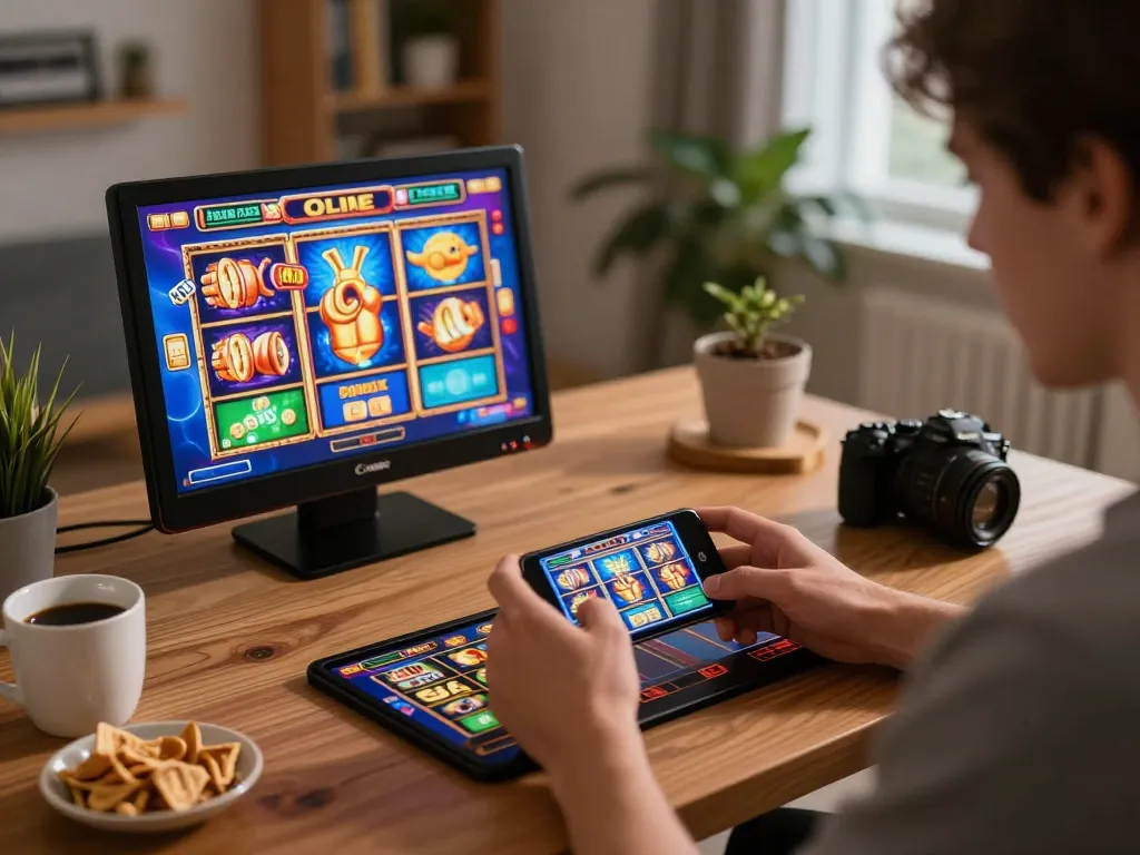 Engaging with slot depo 10k mobile games from a cozy home desk, showcasing vibrant visuals and personal atmosphere