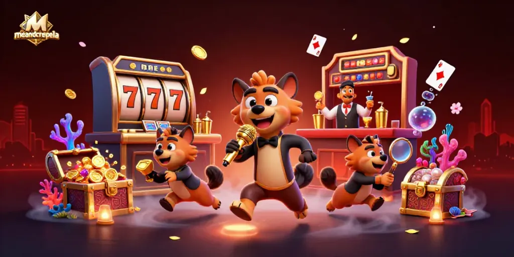 Meandcrepela menampilkan kasino dengan hyena kartun yang lucu dan simbol slot yang meriah dalam ilustrasi 3D.