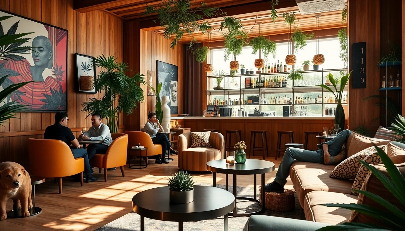 Enjoying a vibrant atmosphere in a cannabis club Madrid, featuring sleek designs and lush greenery.