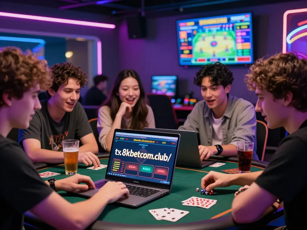 Excited group playing on https://8kbetcom.club/ in a vibrant gambling environment with colorful lights
