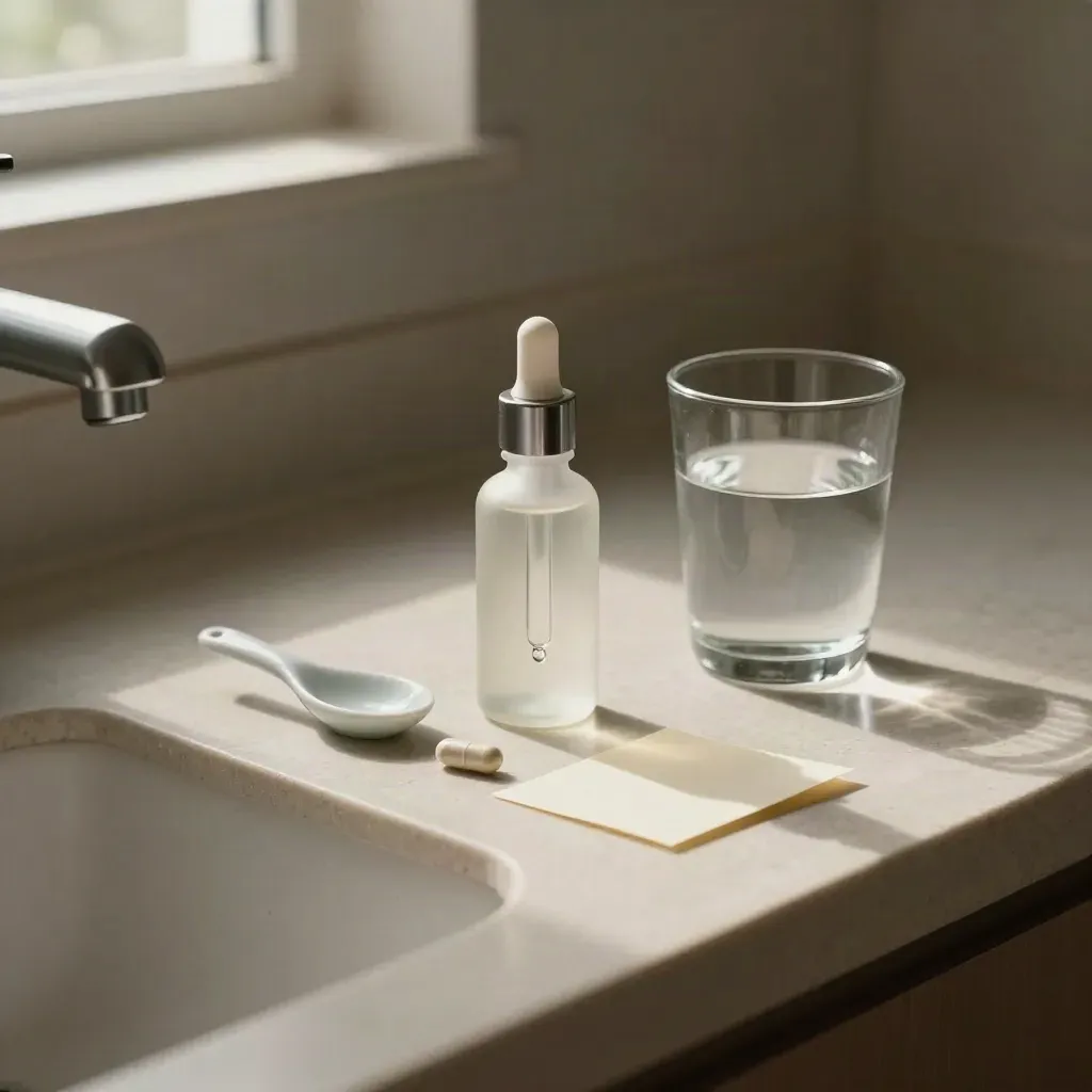 CBD tincture, capsule, spoon, note card and water glass on a bathroom counter in morning light