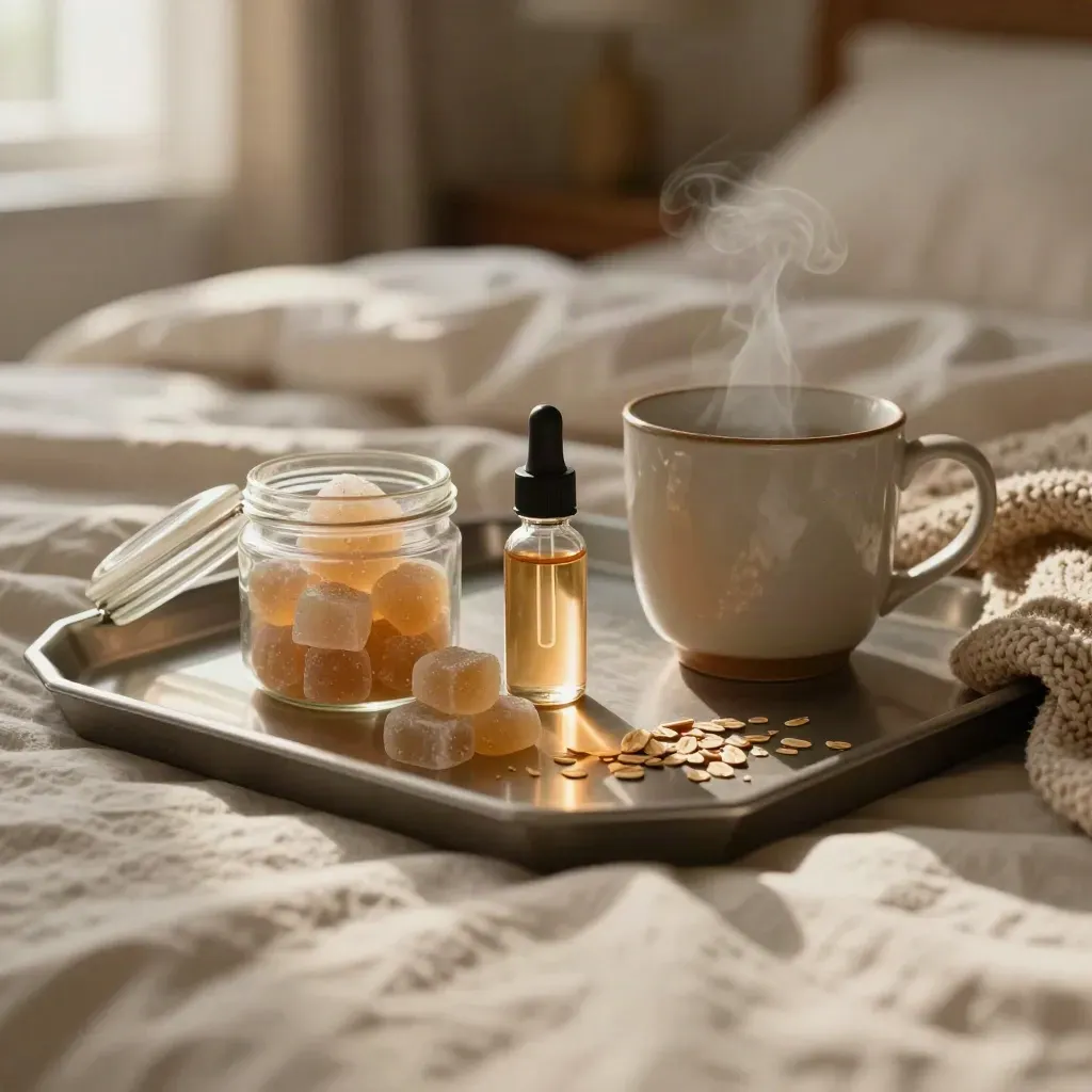 Bedside tray with gummies, tincture, mug, and knit throw in warm evening light.