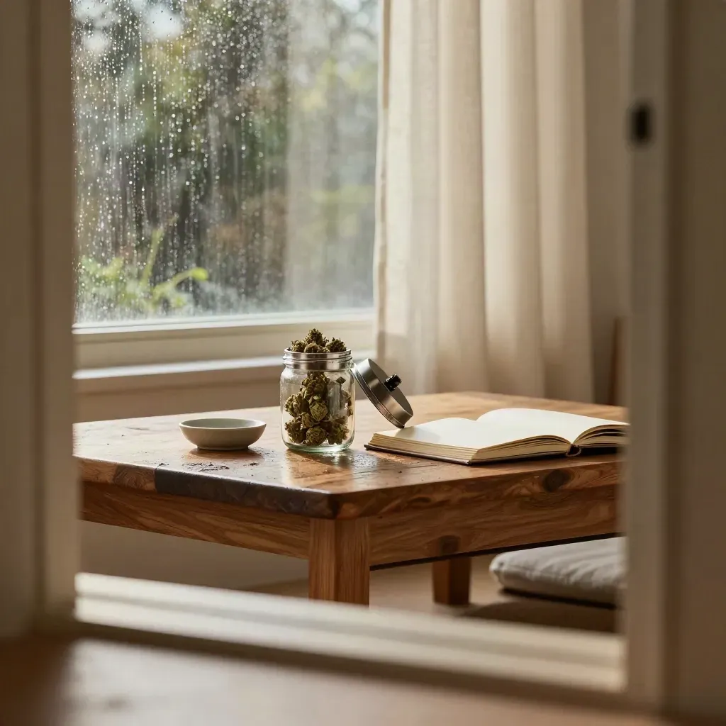 Jar of cannabis buds, grinder, dish and journal on a rain-washed wooden table by a bright window.