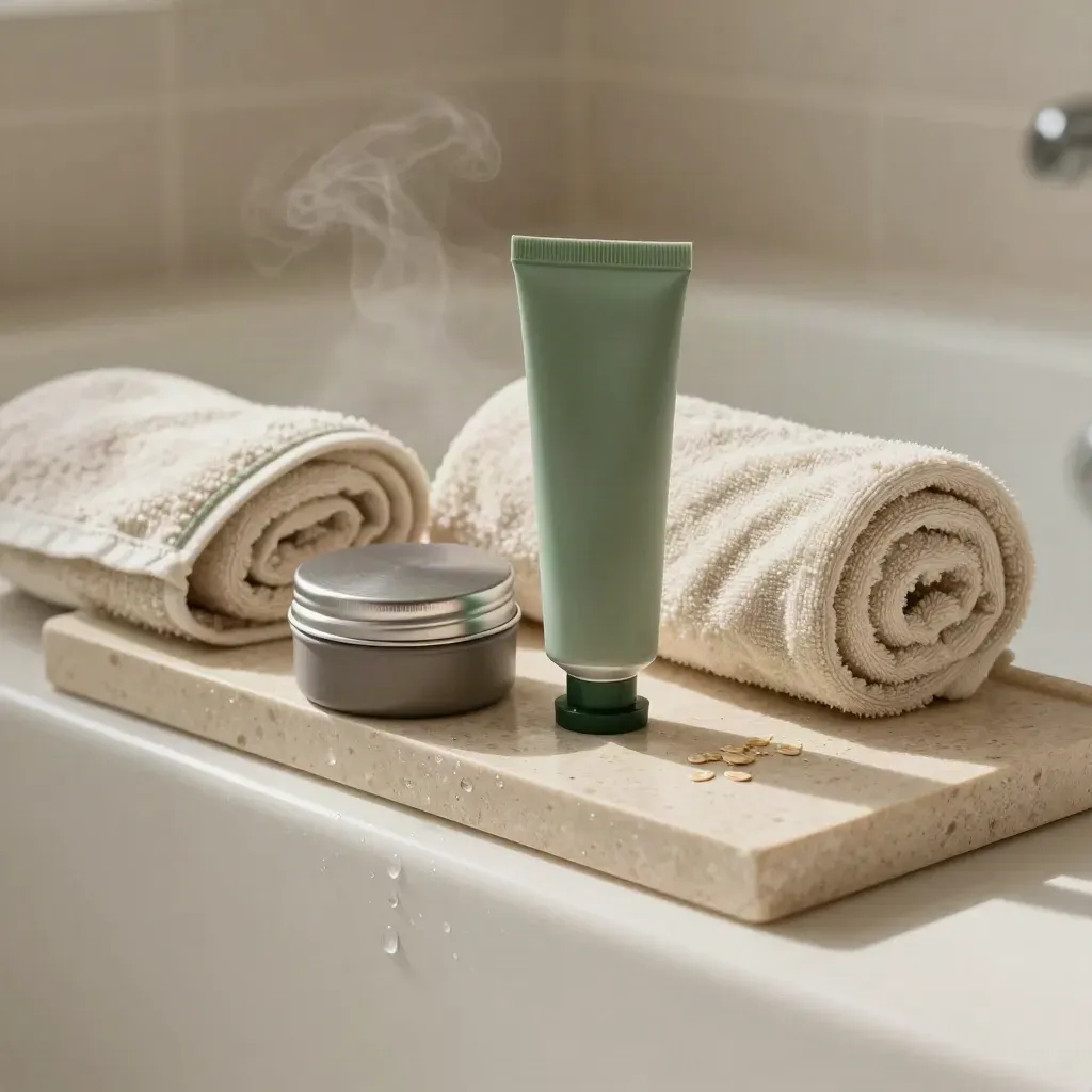 Bathside topical cream, balm tin, linen towel, and stone tray in soft steam.