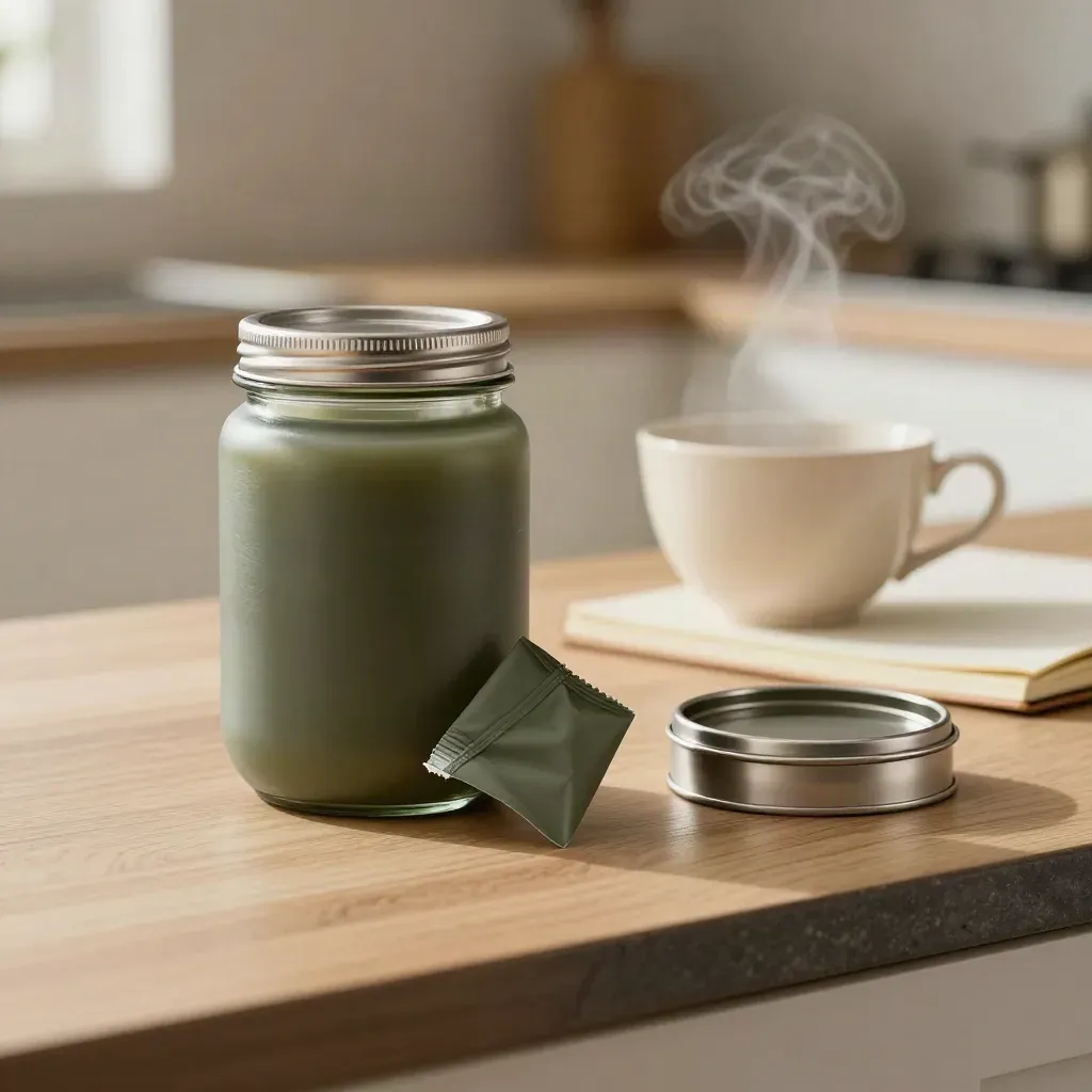 CBD jar, gummy pouch, flower tin and tea on a kitchen counter with soft morning steam.