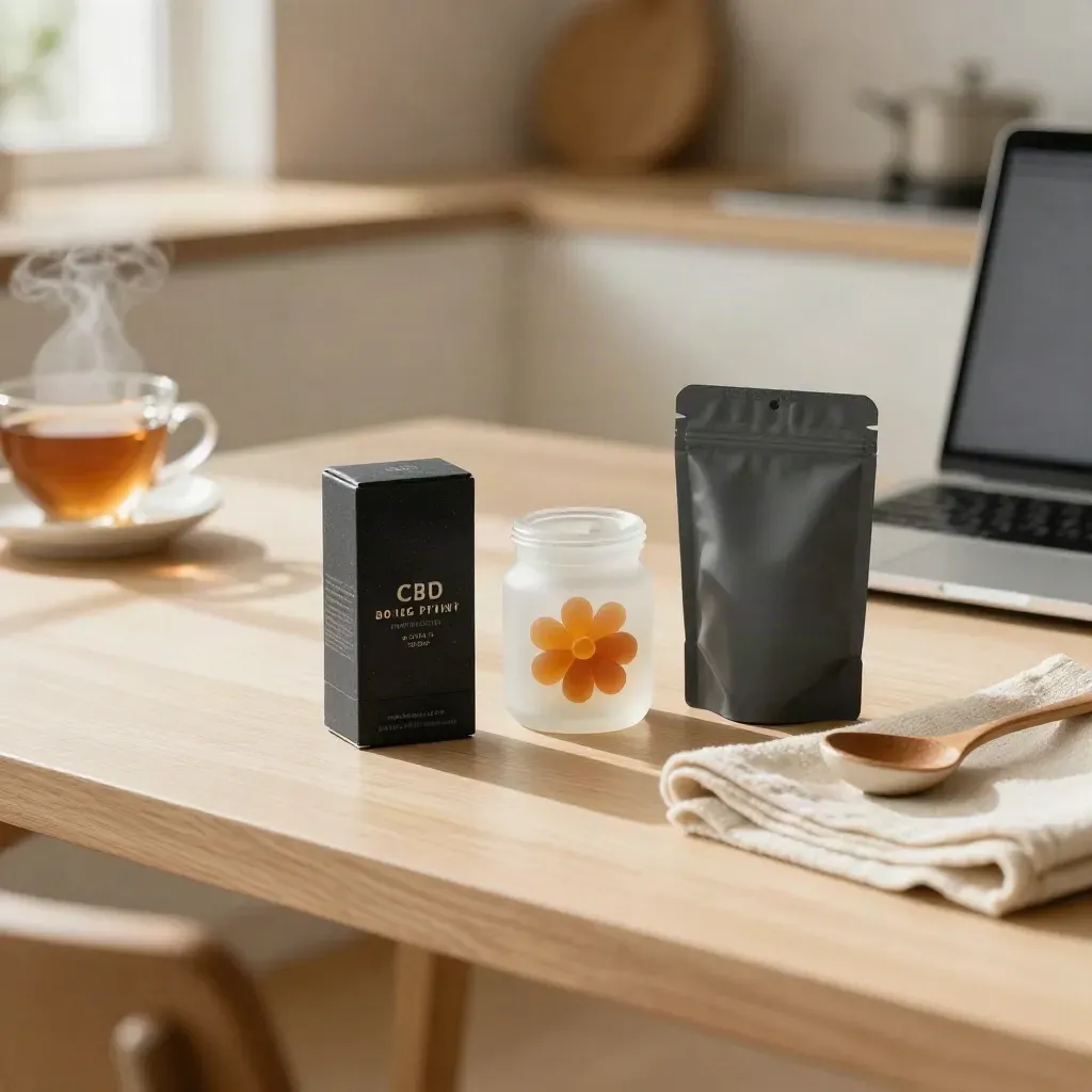 CBD tincture box, flower jar, and gummy pouch on a sunlit breakfast table with a blurred laptop