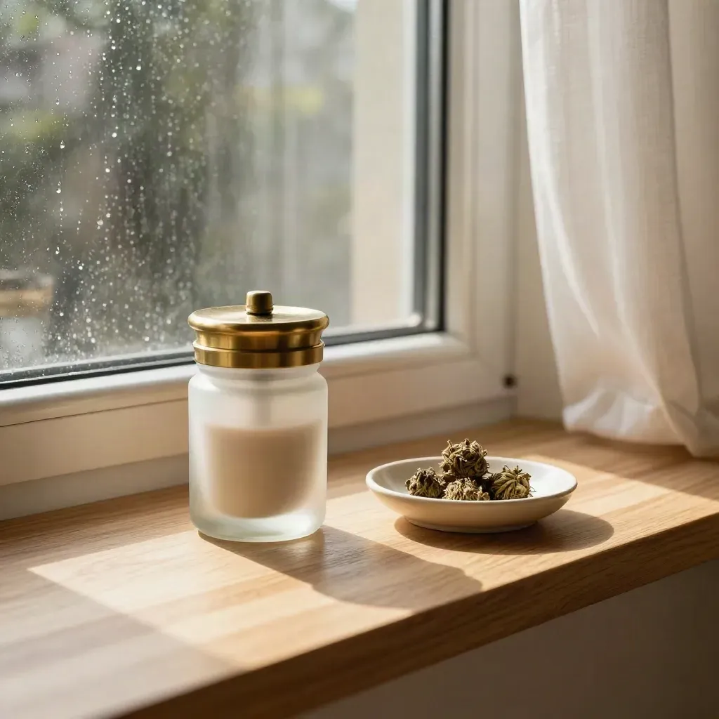 Starter flower jar, grinder, and ceramic dish on a sunlit apartment windowsill after rain.