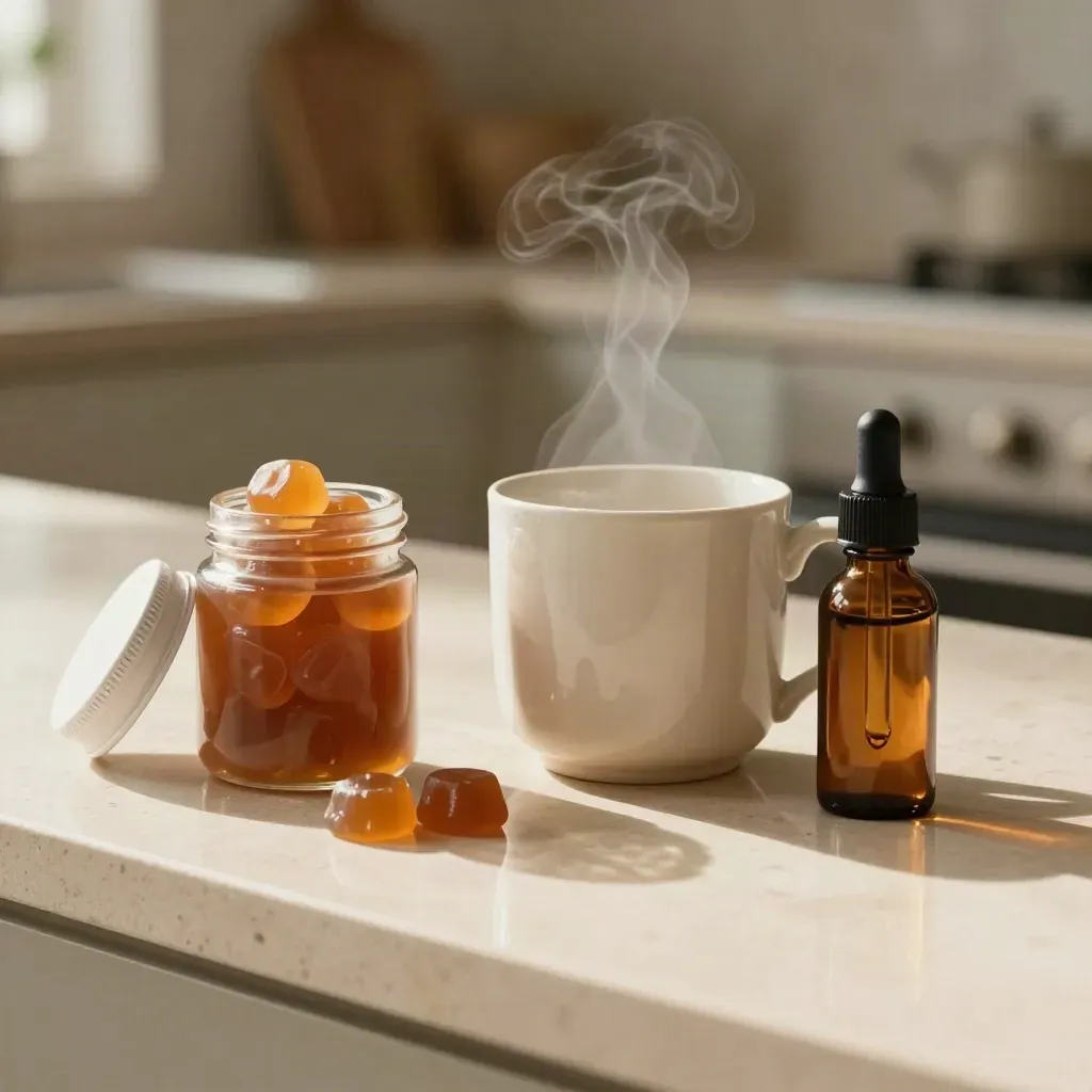 Gummy jar, tincture bottle, and steaming mug on a pale counter in a calm product face-off.