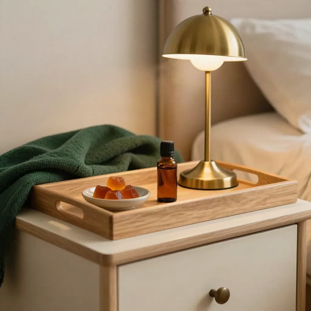 Bedside tincture, gummies, and forest-green throw glowing under a warm lamp