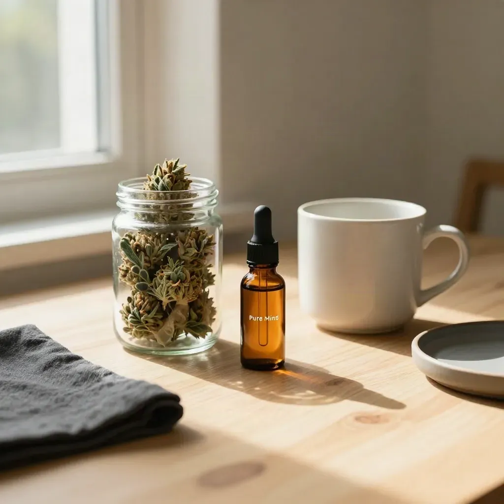Flower jar, tincture bottle, and ceramic mug on a pale wood table by an open window.