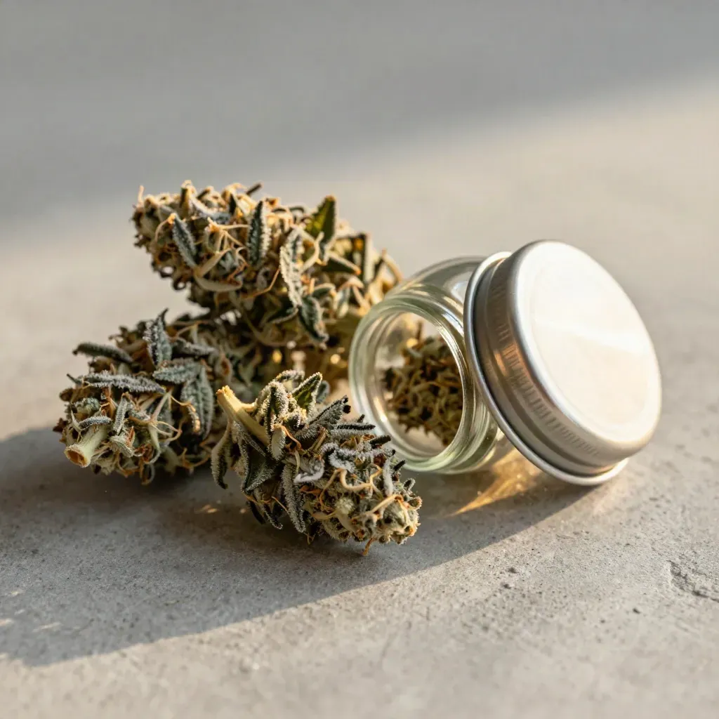 Macro of CBD buds, stems, and an open glass jar on matte concrete in warm window light.