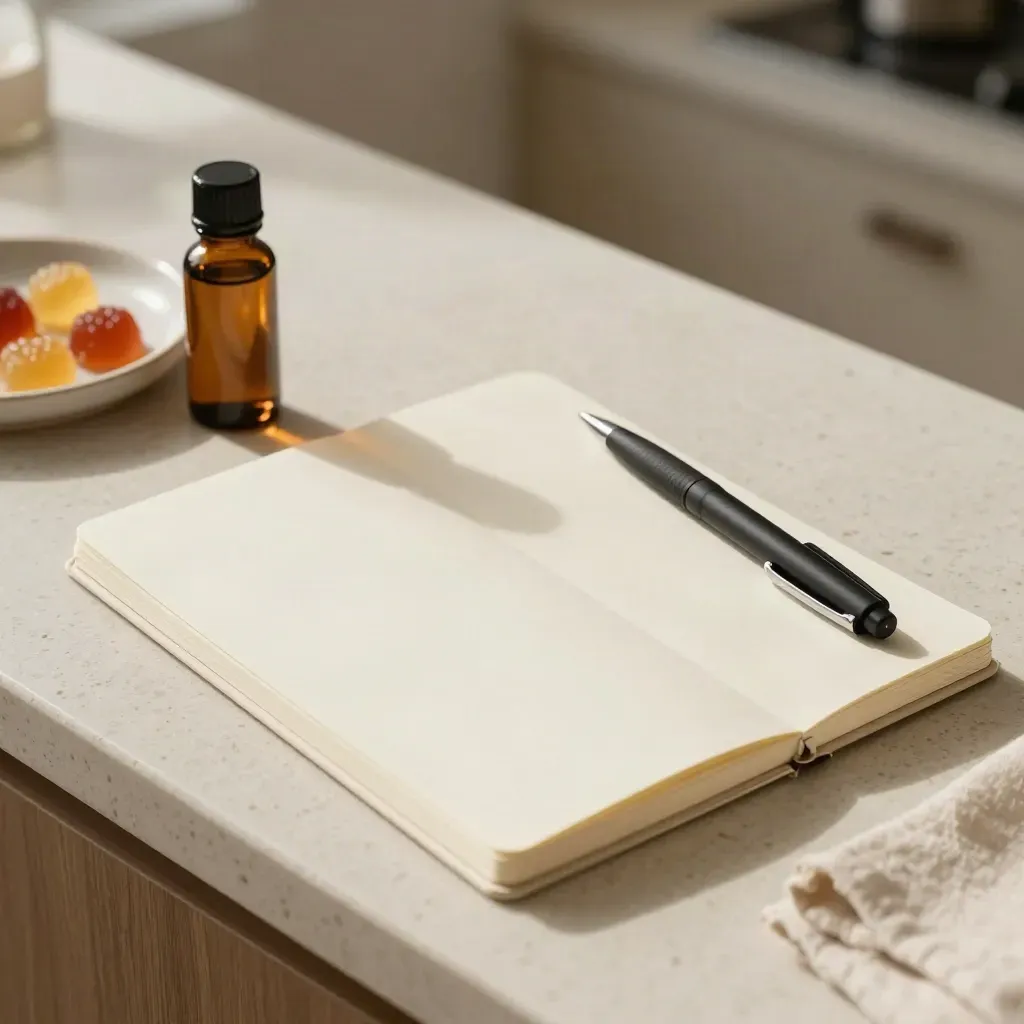 Morning still-life with notebook, tincture bottle, and gummy tray on a stone counter.