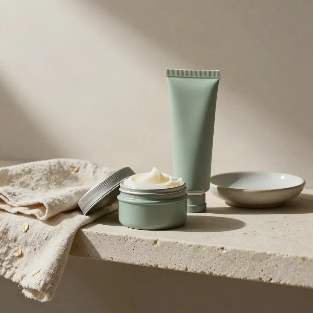 Open balm tin, topical tube, linen cloth, and ceramic dish on a stone shelf in soft side light.
