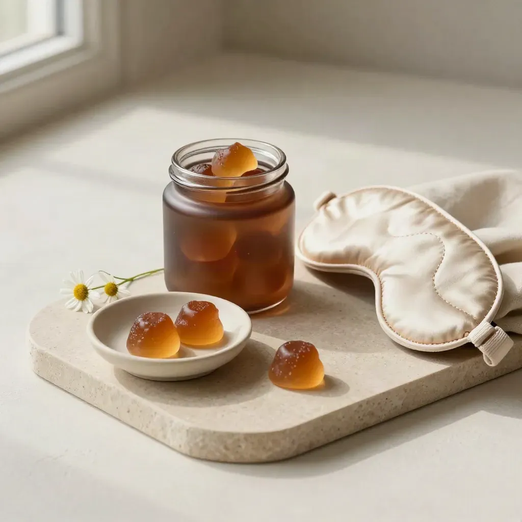 Open gummy jar with two gummies, eye mask, and chamomile sprig on a stone tray.