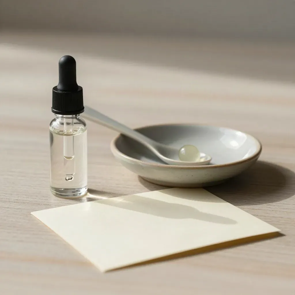 Dropper bottle, ceramic spoon, tincture bead and folded card on pale wood.