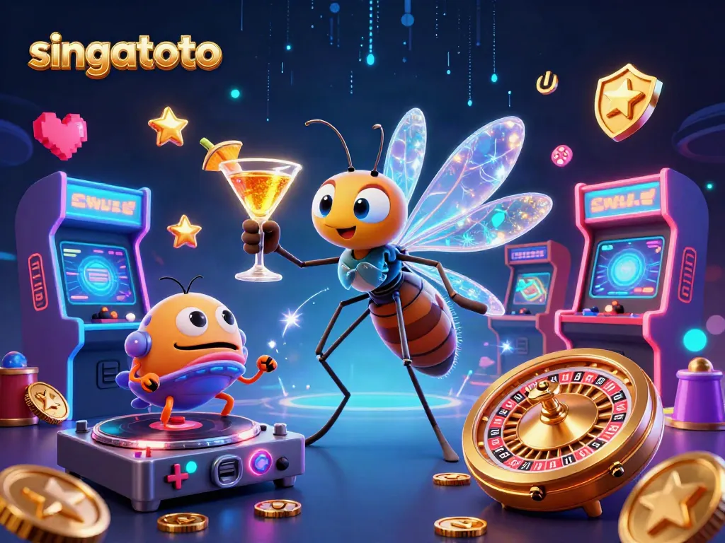 Experience the thrill of singatoto with vibrant slot games amidst animated casino characters.