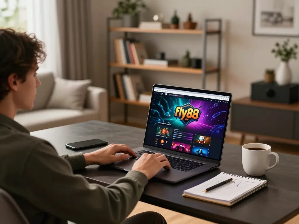 Player engaging with fly88 online gaming platform from a stylish home office.