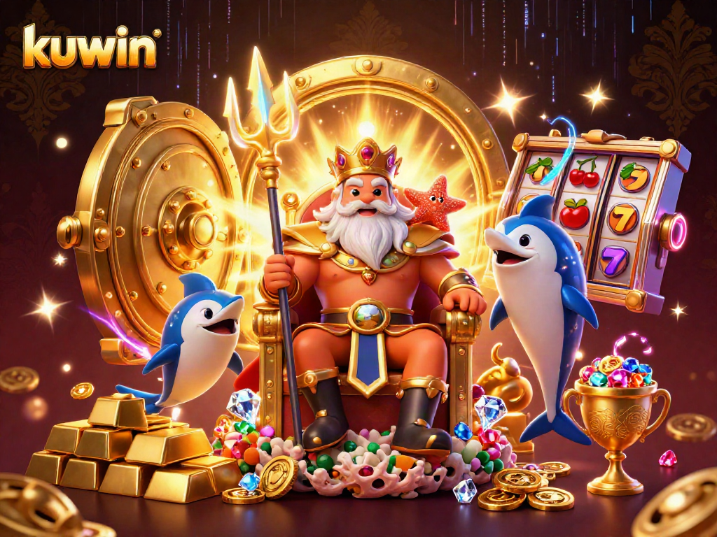 Kuwin offers a vibrant illustration of Neptune king surrounded by slots and treasures, enticing online gamblers.