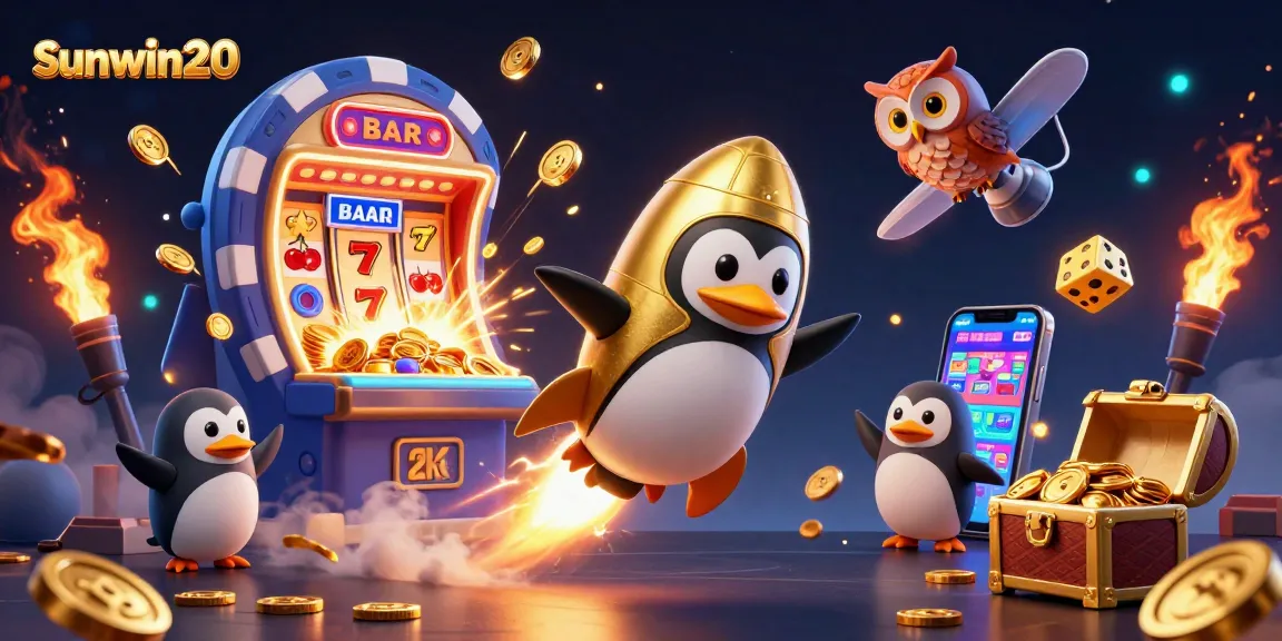 Experience win-filled adventures with sunwin20, featuring a gold penguin racing through a vibrant casino space.