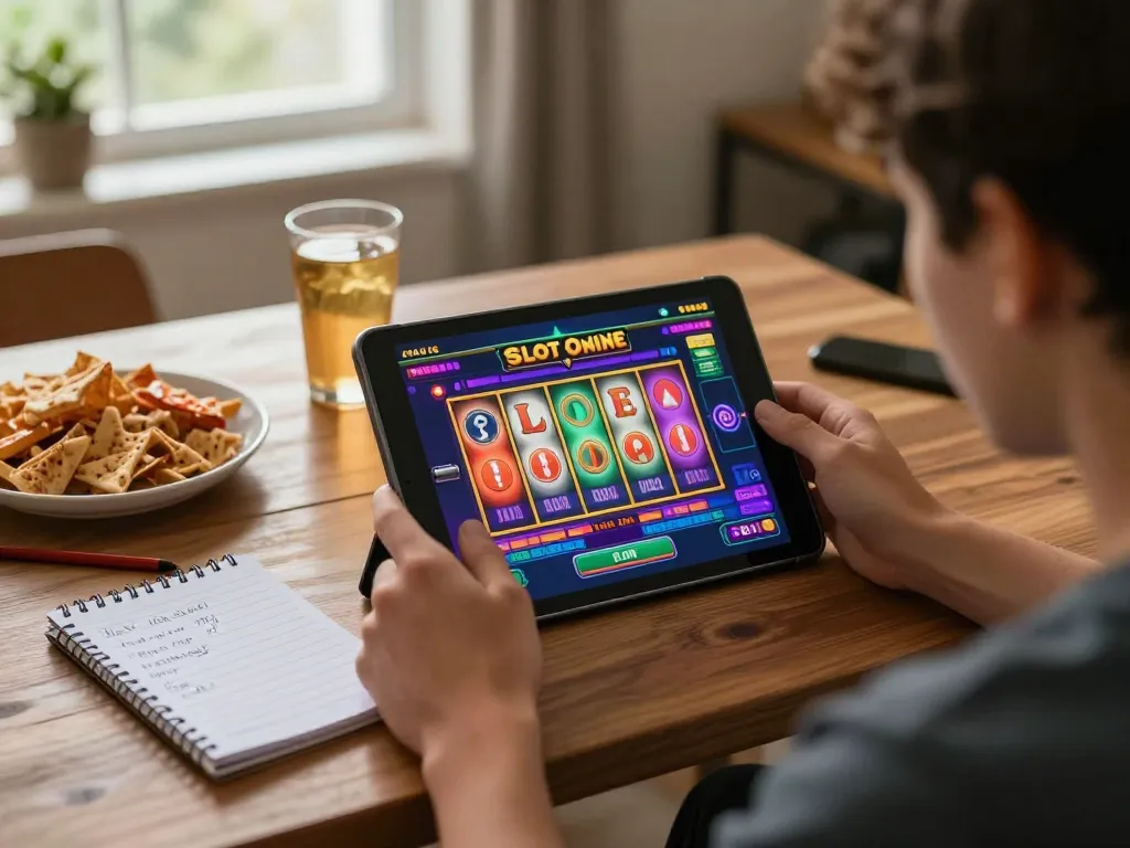 Engaged player enjoying Slot Online gameplay on a tablet at home with ambient lighting