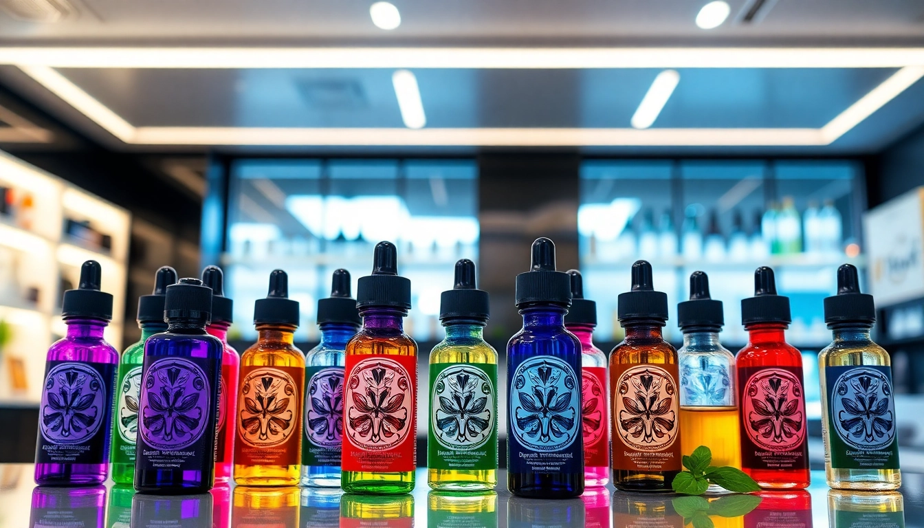 Showcasing Vape & E-Liquids in an upscale boutique highlighting vibrant flavors.