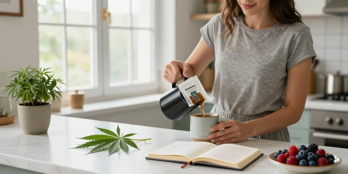 How to Make Hempworx CBD Coffee: A serene morning scene with natural light showcasing the preparation of Hempworx CBD Coffee, fresh hemp leaves, and wellness items.