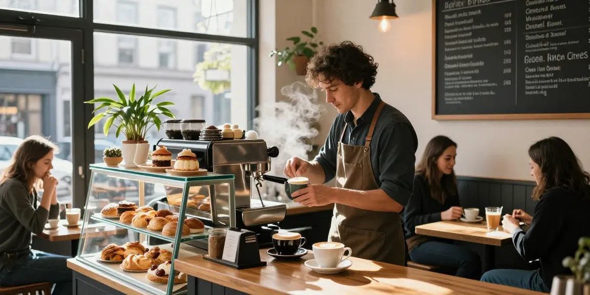 Enjoying artisanal coffee at https://forumup.org/shop/search.php?ca_id=&addr1=&addr2=&addr3=&schKeyword= in a cozy café with barista creating latte art.