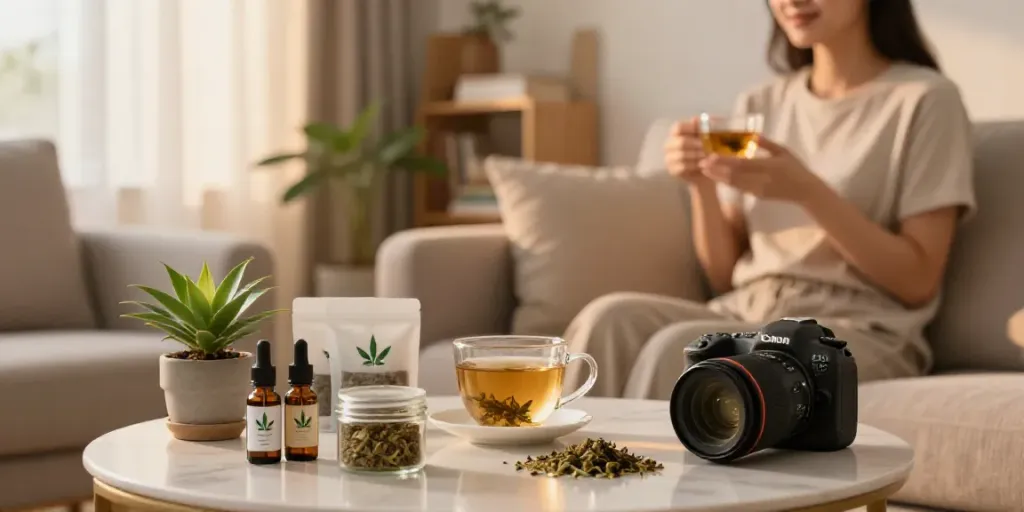 CBD kaufen scene showing a relaxing individual enjoying CBD tea in a cozy living room.