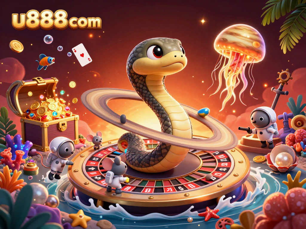 u888com engages gamblers with a vibrant scene of astronaut mice betting on a cosmic roulette wheel